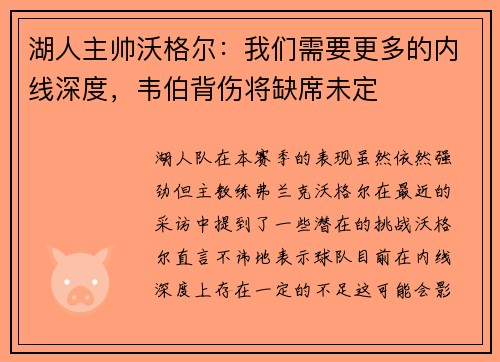 湖人主帅沃格尔：我们需要更多的内线深度，韦伯背伤将缺席未定